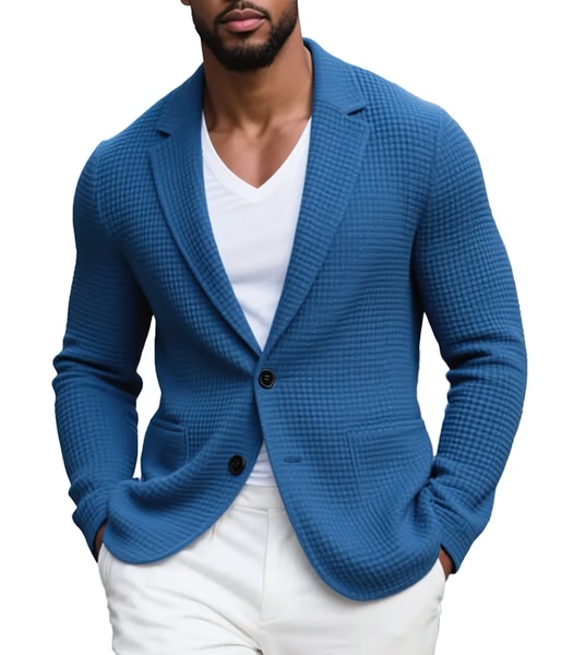 blue blazer, casual blazer, textured blazer, mens blazer, sport coat, brand awareness, minimalist, trustworthy, calm, blue, neutral